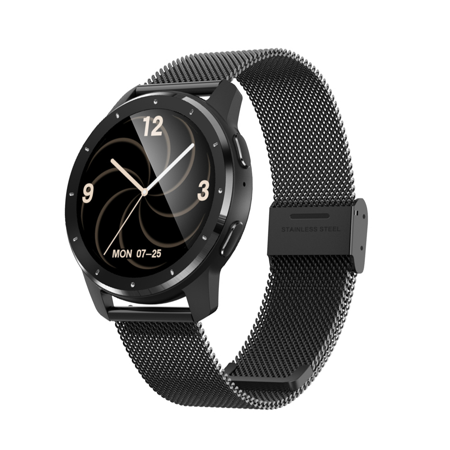 Schwarze Smartwatch mit Mesh-Armband. Die Uhr zeigt Datum und Uhrzeit an.