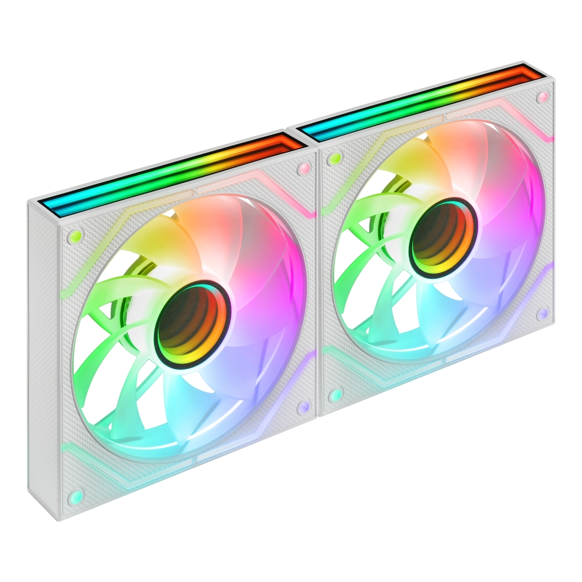 Due ventole per computer bianche con luci arcobaleno e la scritta "LED".