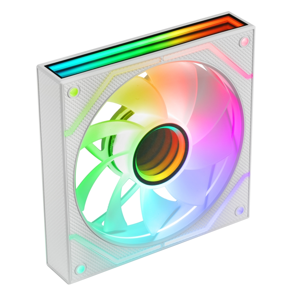 Una ventola per computer bianca con luci arcobaleno e la scritta "LED".