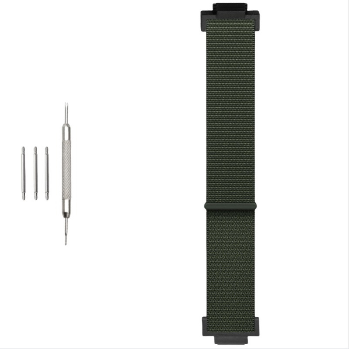 Cinturino e strumenti per orologi. Il cinturino è verde. Gli strumenti sono tre perni e uno strumento.