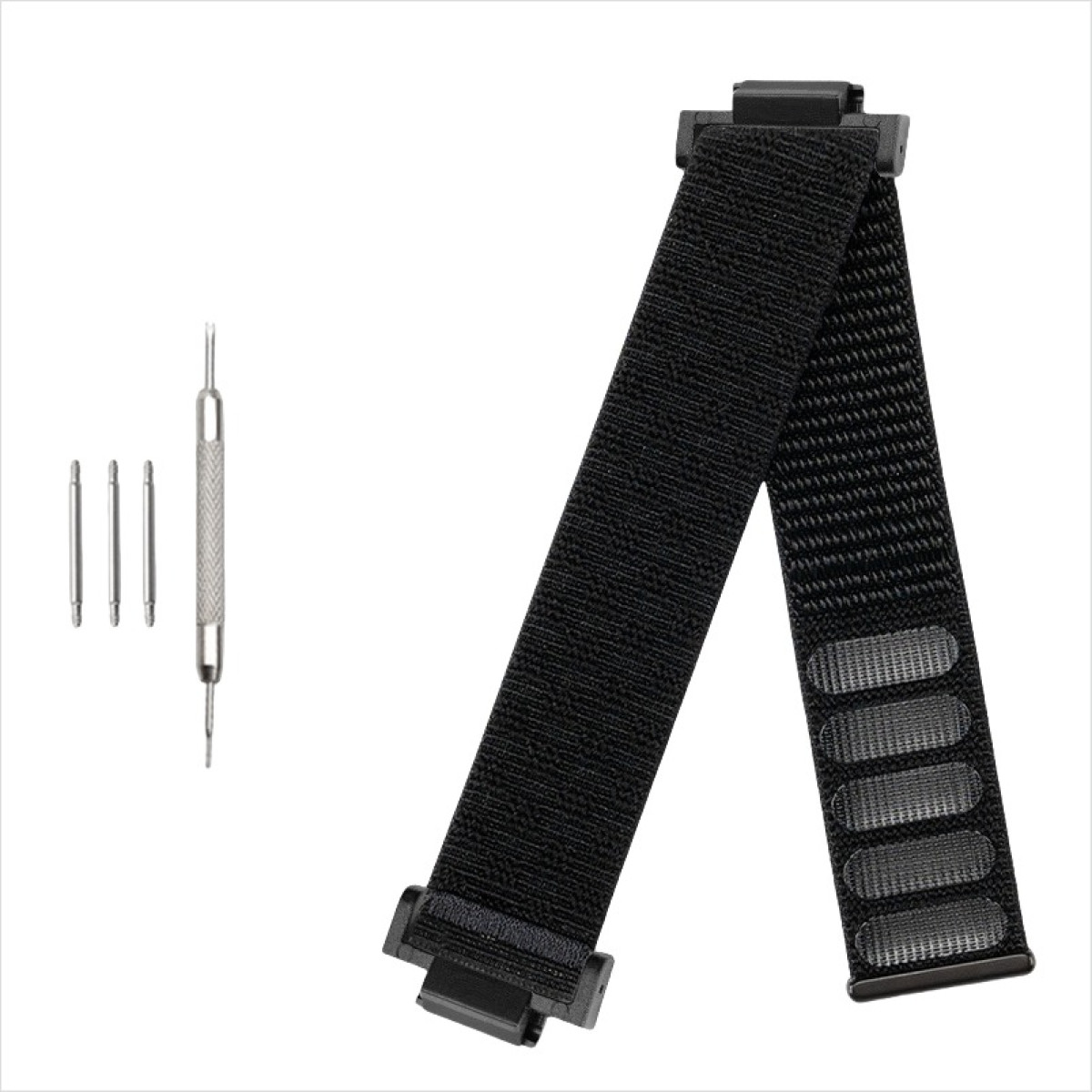 Schwarzes Uhrenarmband mit schwarzen Anschlüssen und silbernem Werkzeug auf weißem Grund.