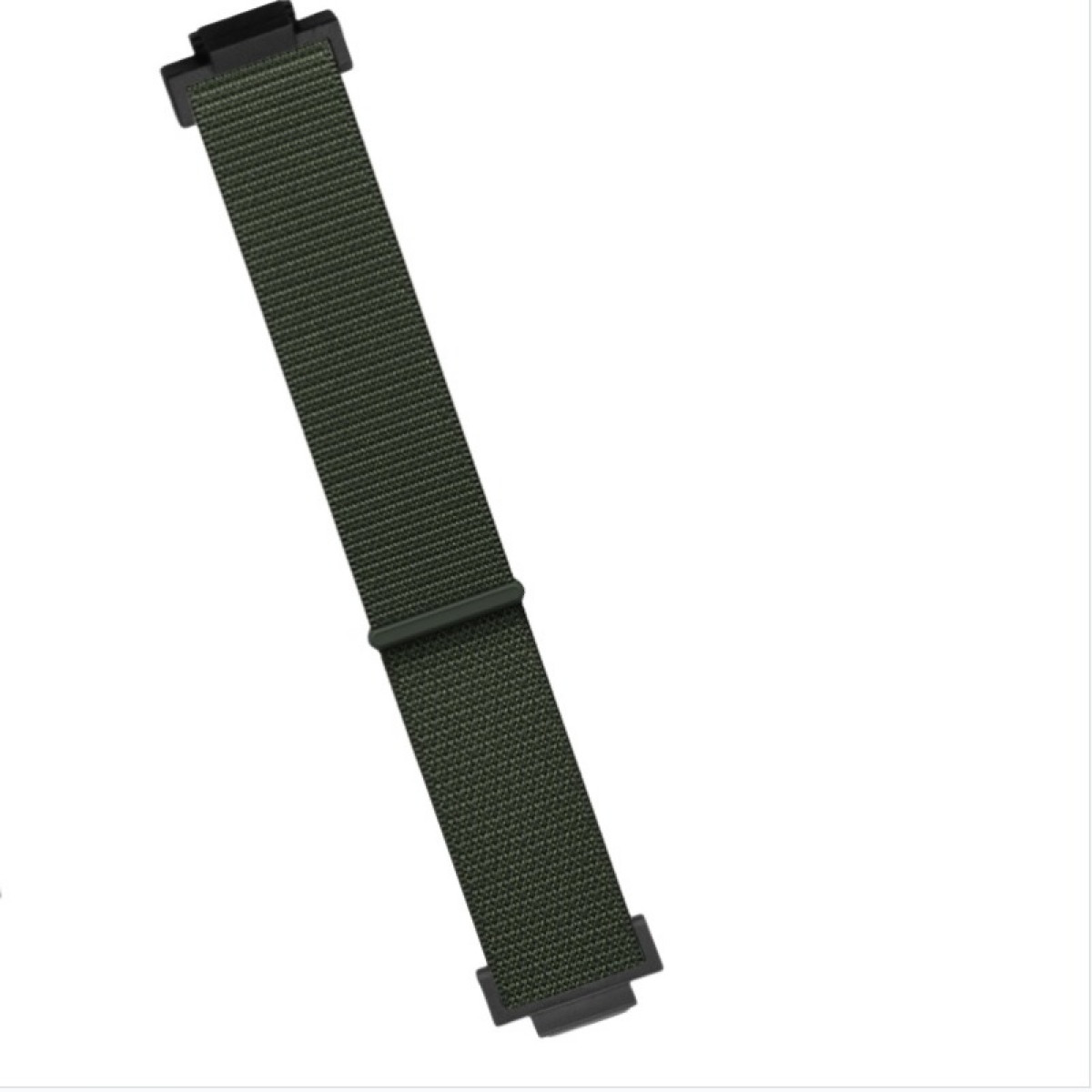 Un cinturino verde con connettori neri su sfondo bianco.