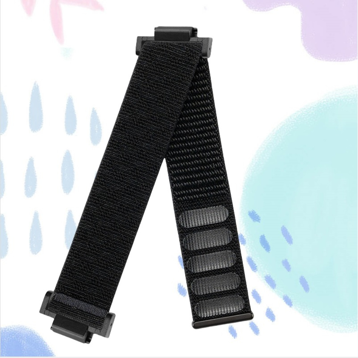 Schwarzes Uhrenarmband mit schwarzen Anschlüssen vor buntem Hintergrund.