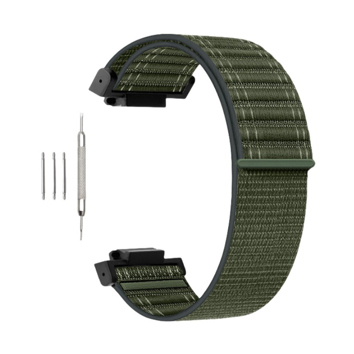 Grünes Uhrenarmband mit Werkzeug. Das Armband ist strukturiert und hat schwarze Aufsätze.
