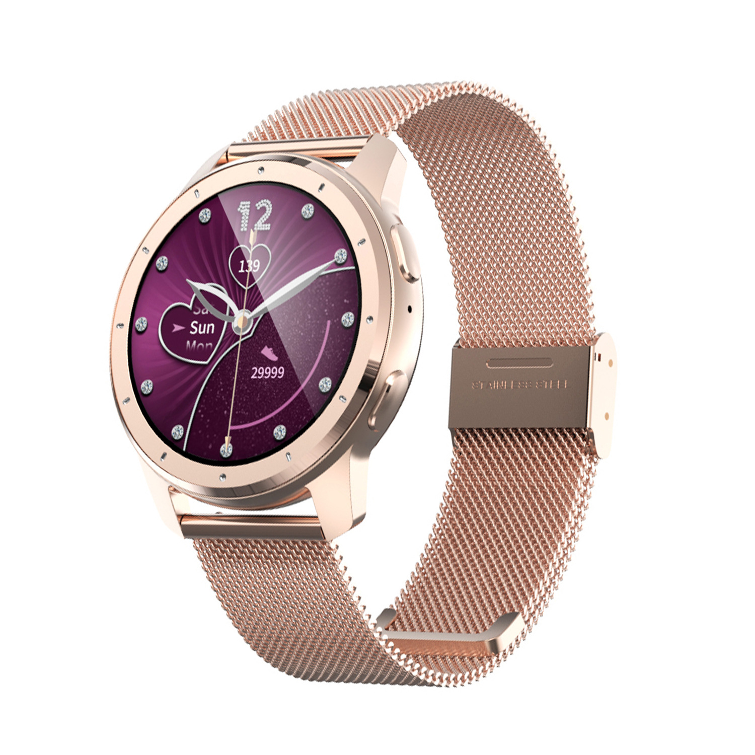 Roségoldene Smartwatch mit pinkfarbenem Bildschirm und Mesh-Armband.