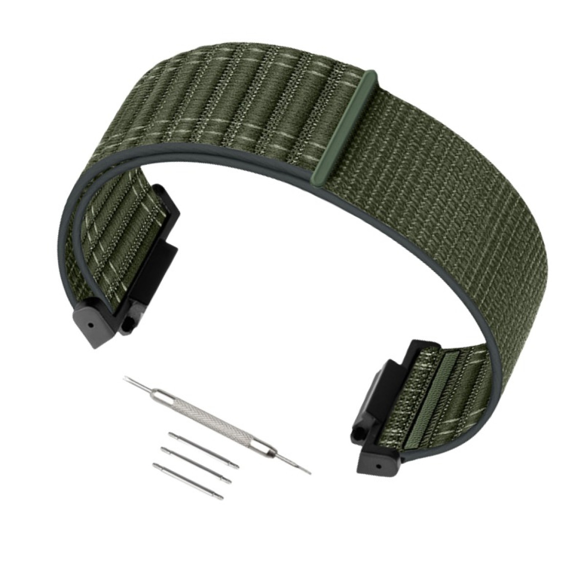 Grünes Uhrenarmband, schwarze Anschlüsse und Metallwerkzeug auf weißem Hintergrund.
