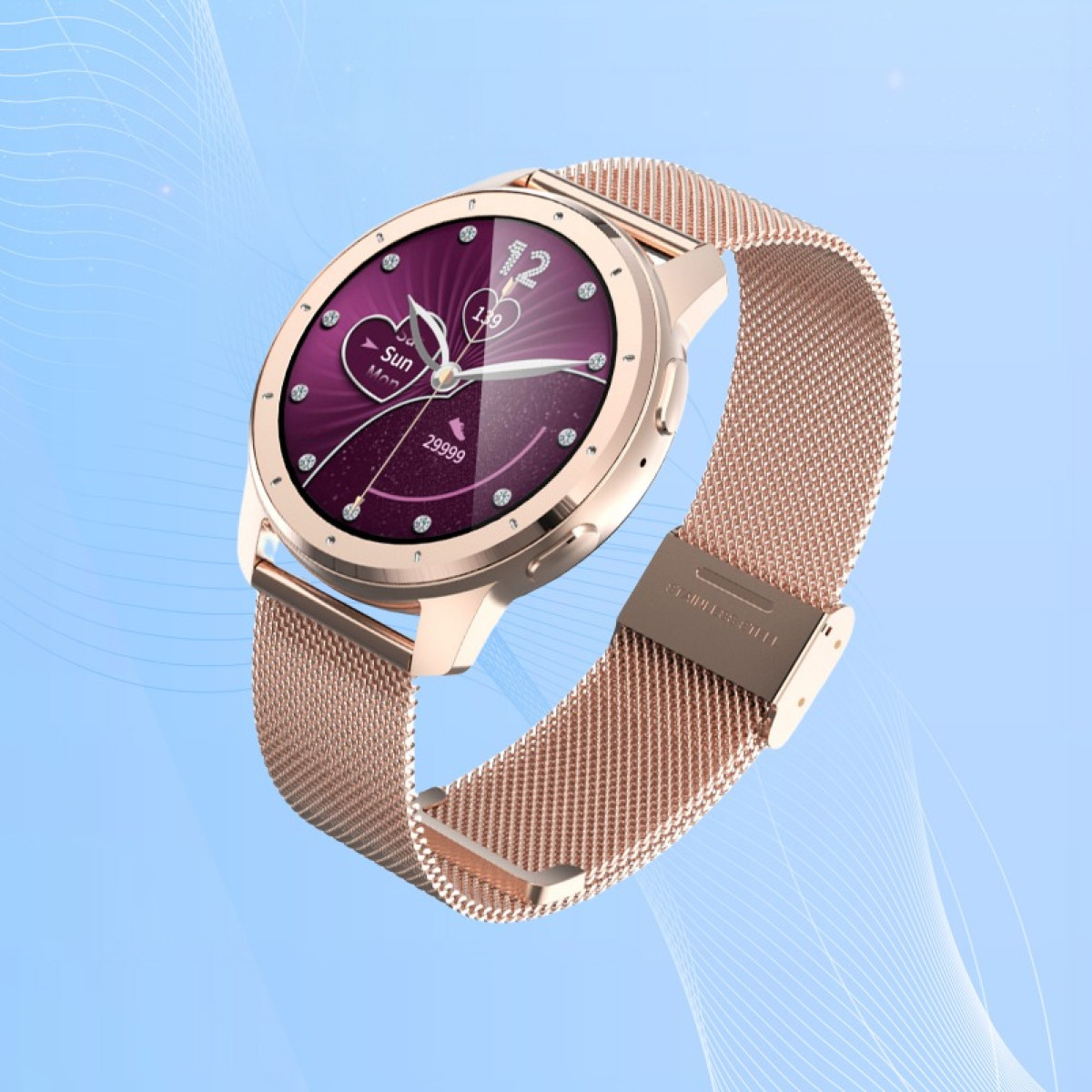 Roségoldene Smartwatch mit Mesh-Armband auf blau-weißem Wellenhintergrund.