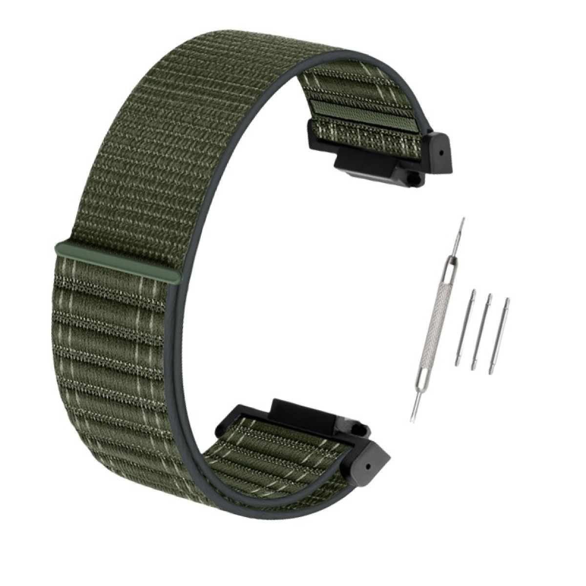 Grünes Uhrenarmband, schwarze Anschlüsse und Metallwerkzeug auf weißem Hintergrund.