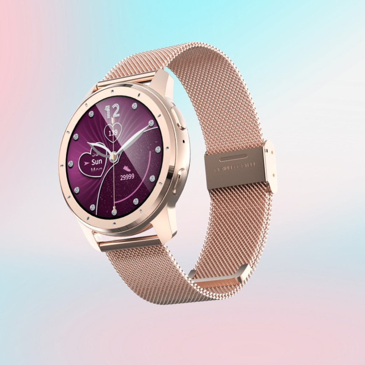 Roségoldene Uhr mit lila Zifferblatt und Mesh-Armband. Diamanten und Zahlen sind sichtbar.