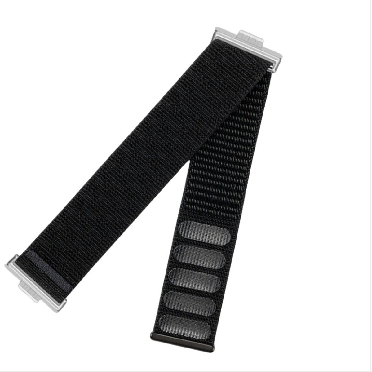 Schwarzes Uhrenarmband mit vier Schlaufen und silbernen Verschlüssen. Band ist abgewinkelt.
