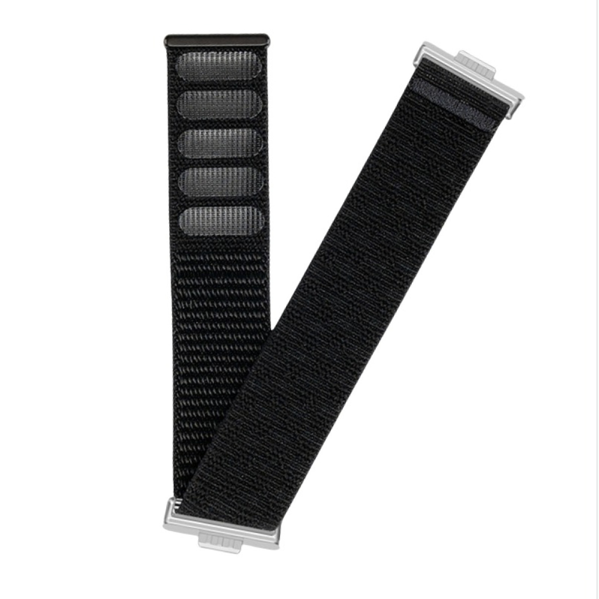 Schwarzes Uhrenarmband mit silbernen Verbindungsstücken, strukturierter Magnetverschluss vor einem weißen Hintergrund.