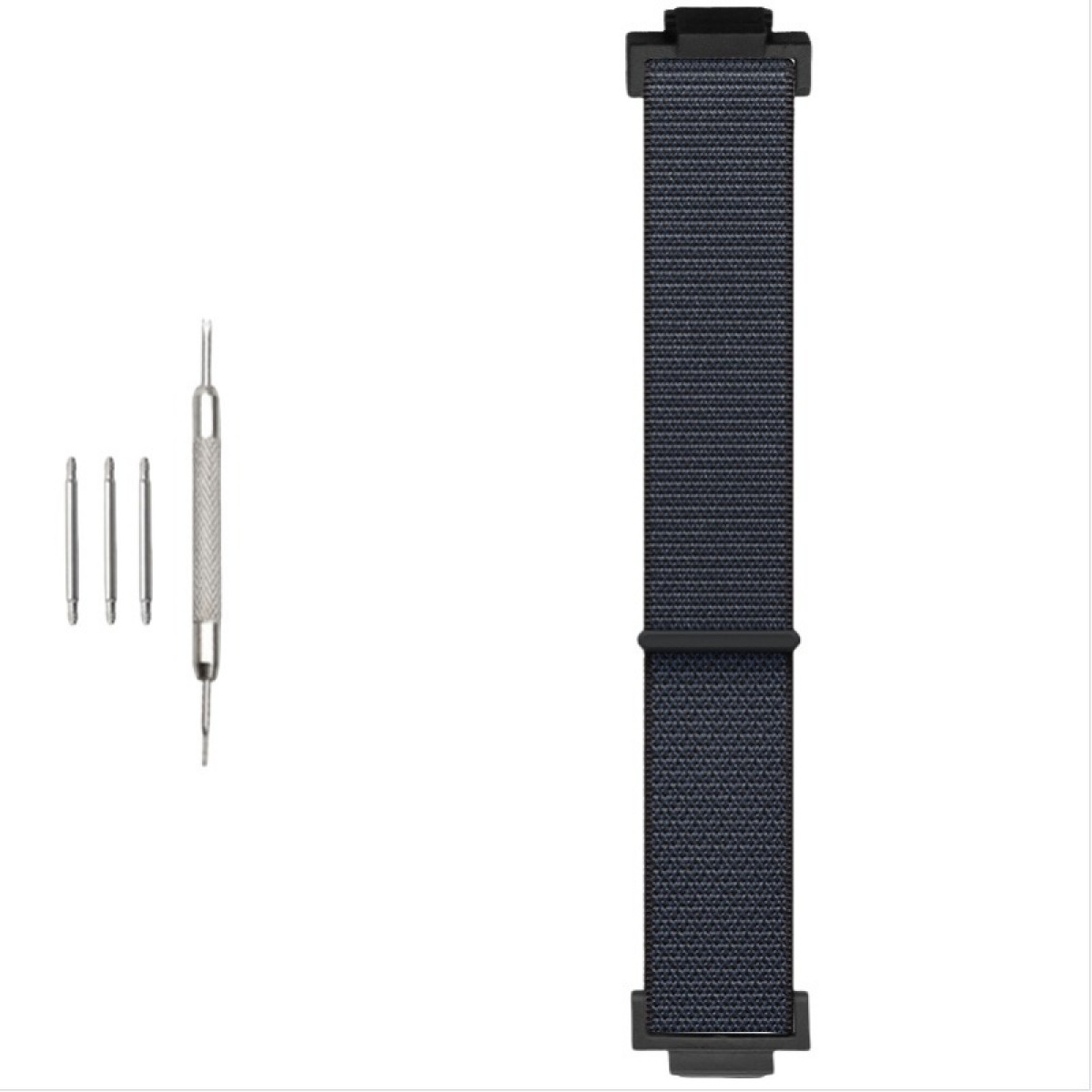 Bild eines schwarzen und dunkelblauen Uhrenarmbands mit Werkzeugen zum Befestigen.