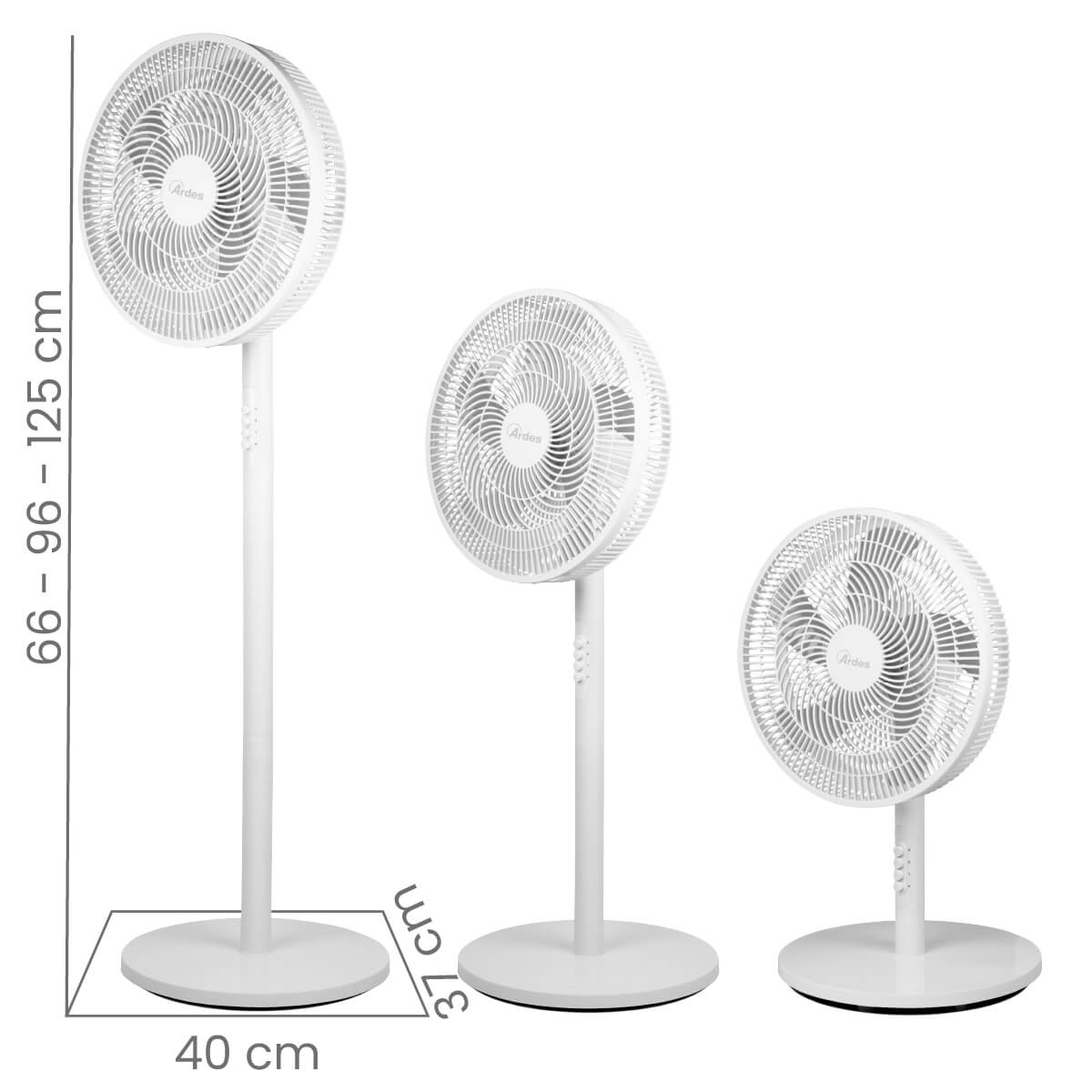 Białe wentylatory w trzech rozmiarach, z wymiarami zaznaczonymi po lewej.