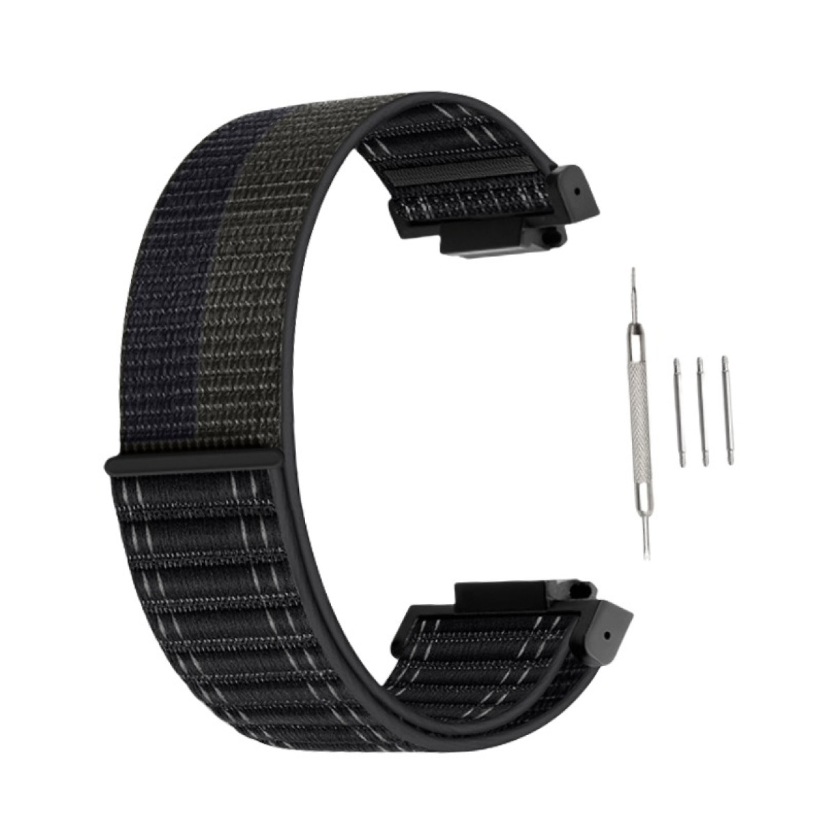 Gebogenes schwarzes Uhrenarmband mit Werkzeugen auf Weiß. Werkzeuge umfassen drei Stifte und einen Stiftentferner, alle silberfarben.