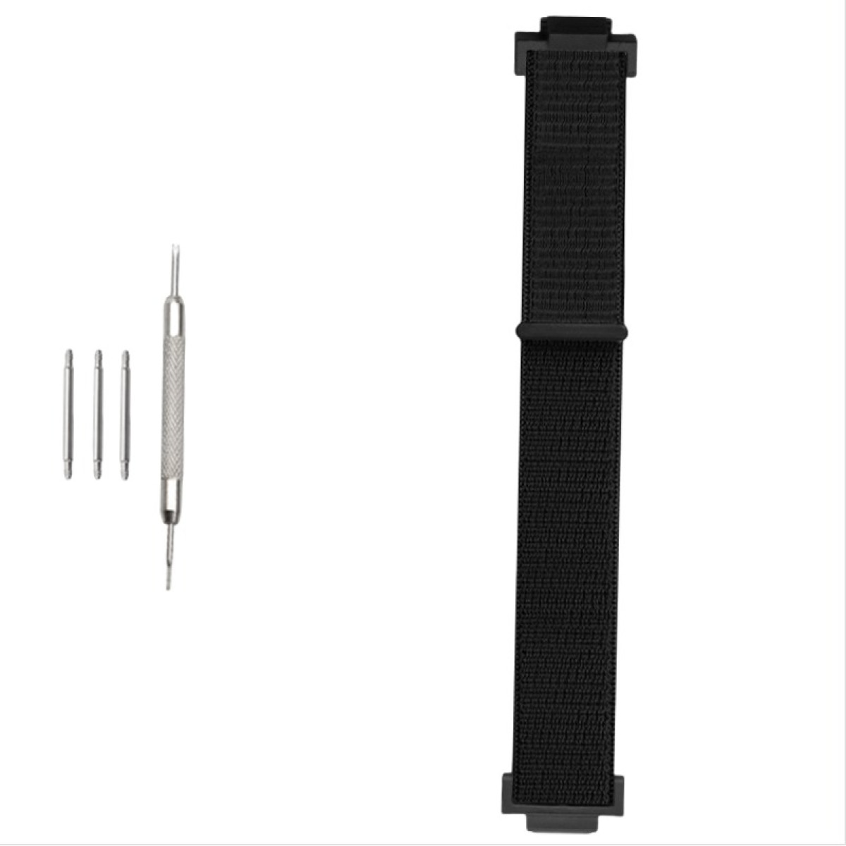 Schwarzes Uhrenarmband mit Werkzeugen. Werkzeuge umfassen drei Stifte und einen Stiftentferner.