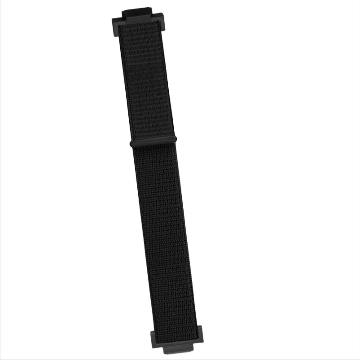 Schwarzes Uhrenarmband mit Textur und schwarzen Verschlüssen auf weißem Grund.