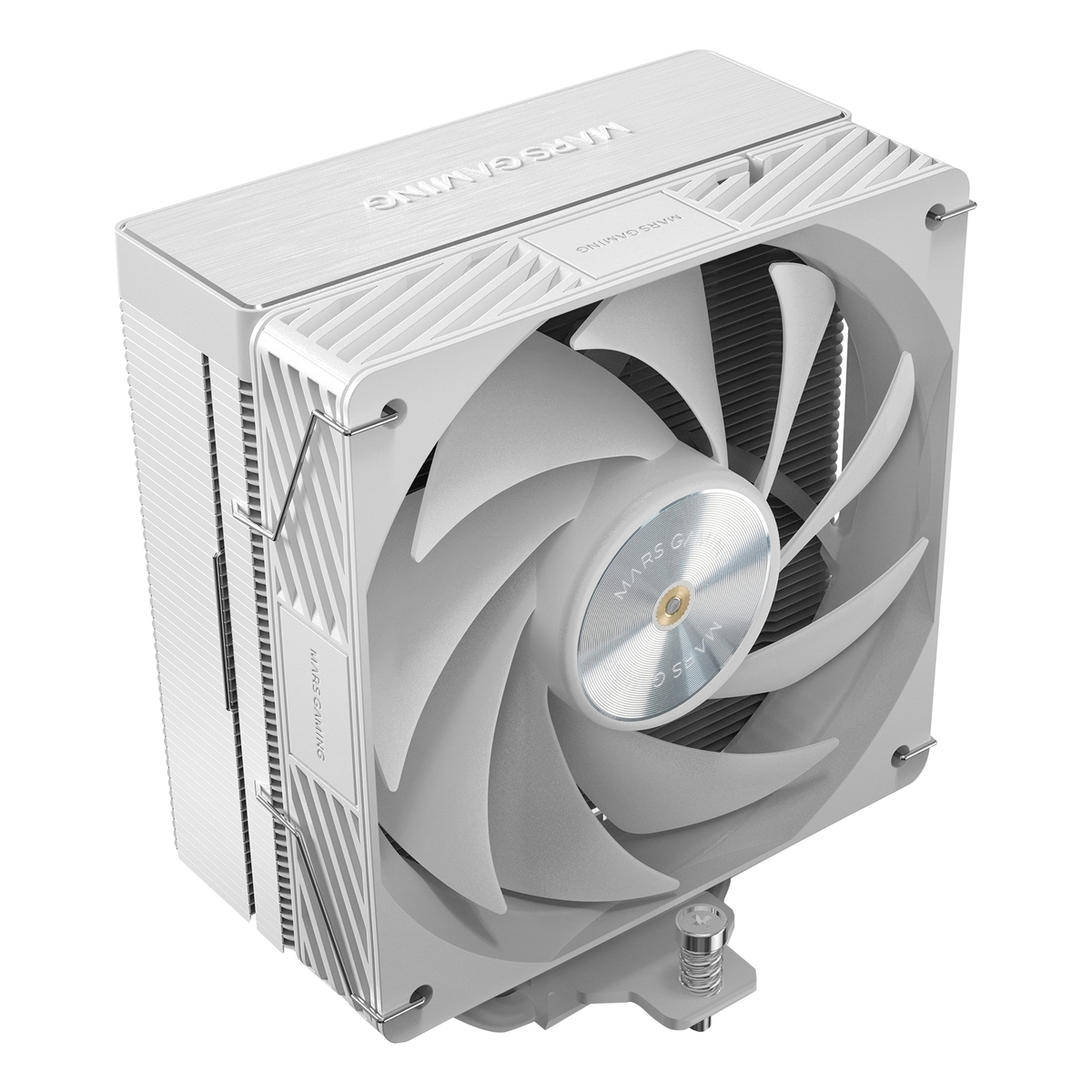 Un dissipatore per computer bianco con una ventola e la scritta "MARS GAMING".