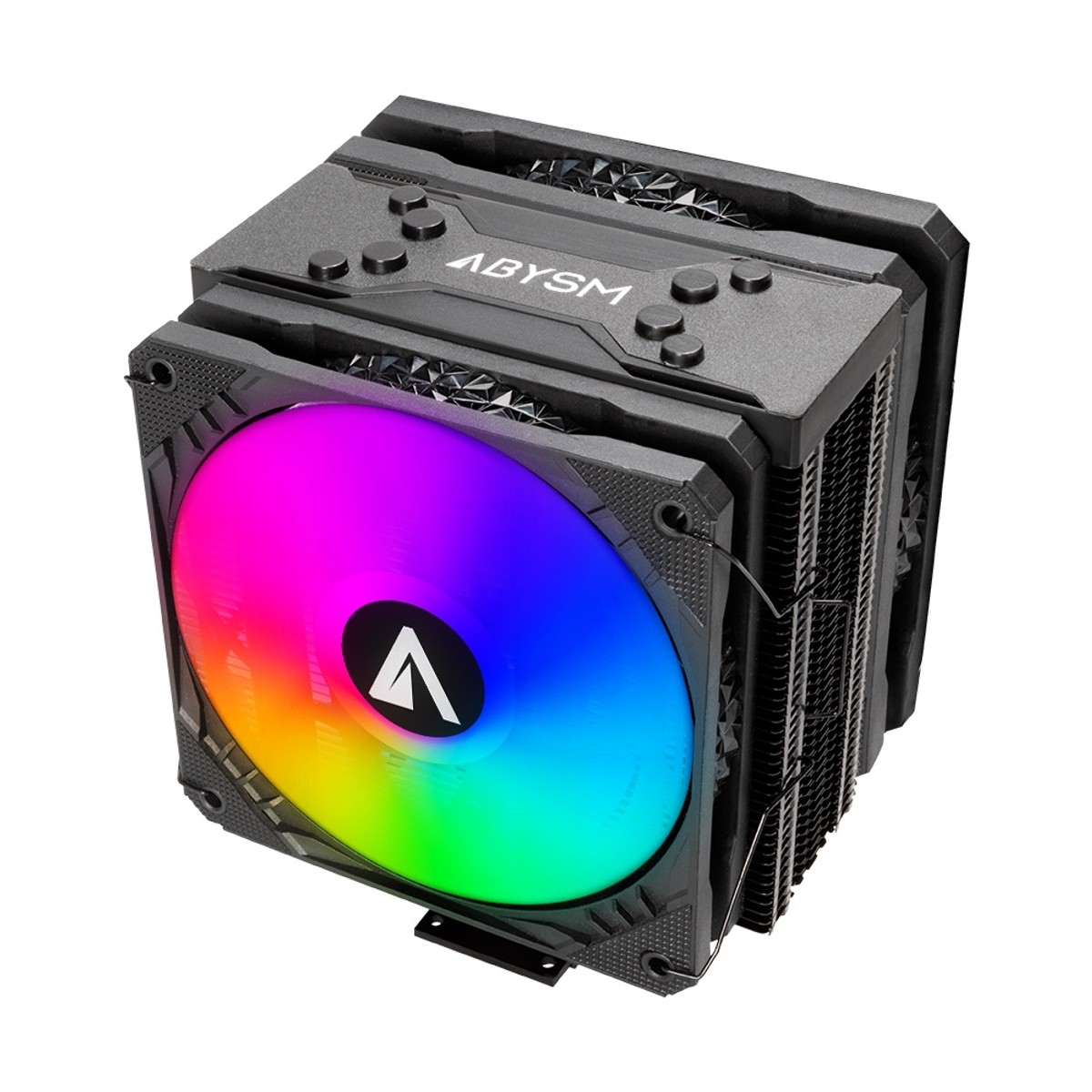 Un enfriador de CPU con un gran ventilador multicolor y carcasa negra.