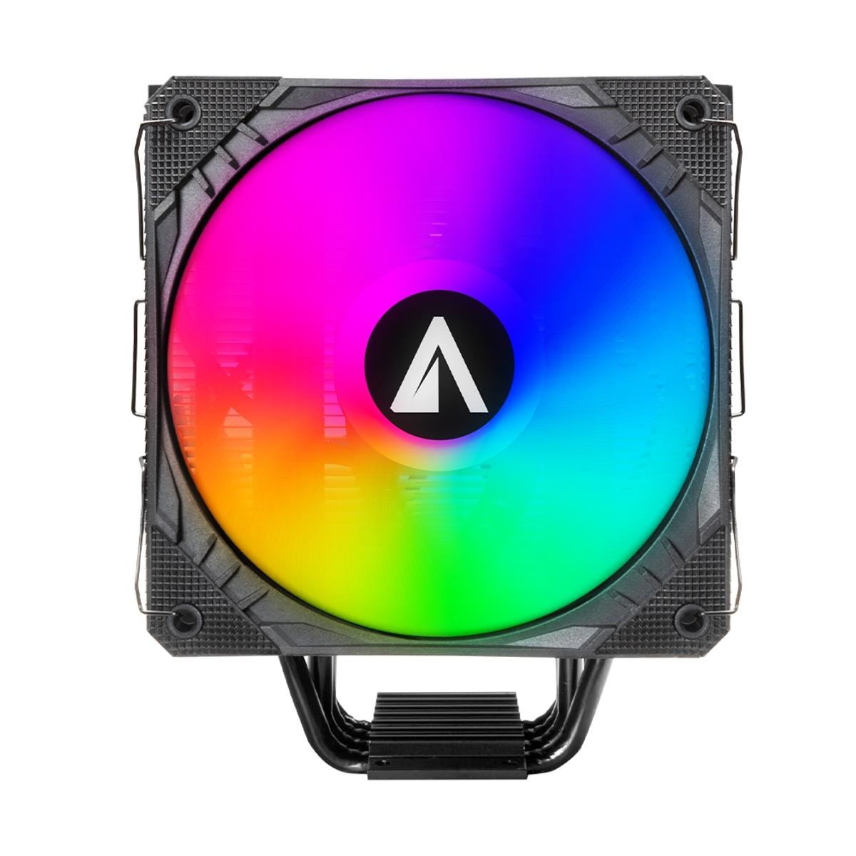 Enfriador de CPU con un ventilador que tiene un degradado de color arcoíris.