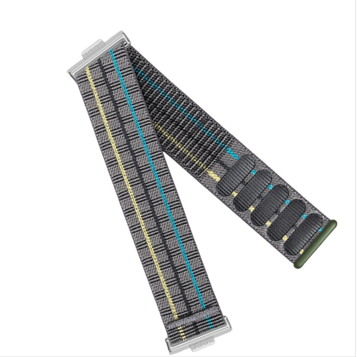 Ein kariertes Uhrenarmband mit grauen, gelben und blauen Streifen.