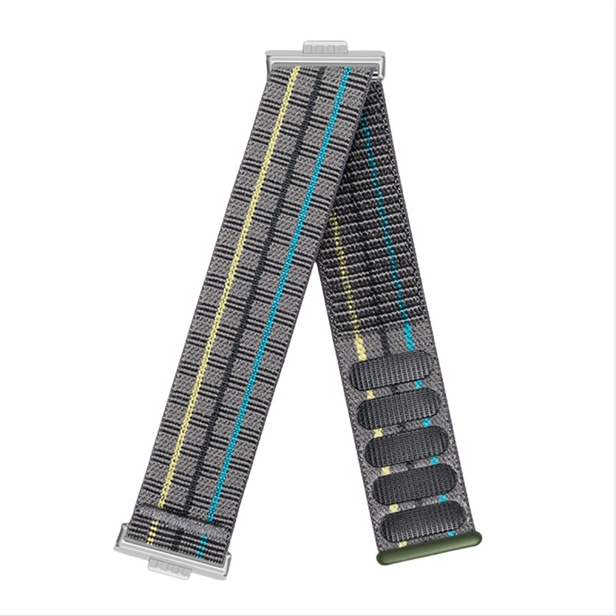 Ein Uhrenarmband mit grauem Karomuster, gelben und blauen Streifen. Die Enden sind silberfarben.