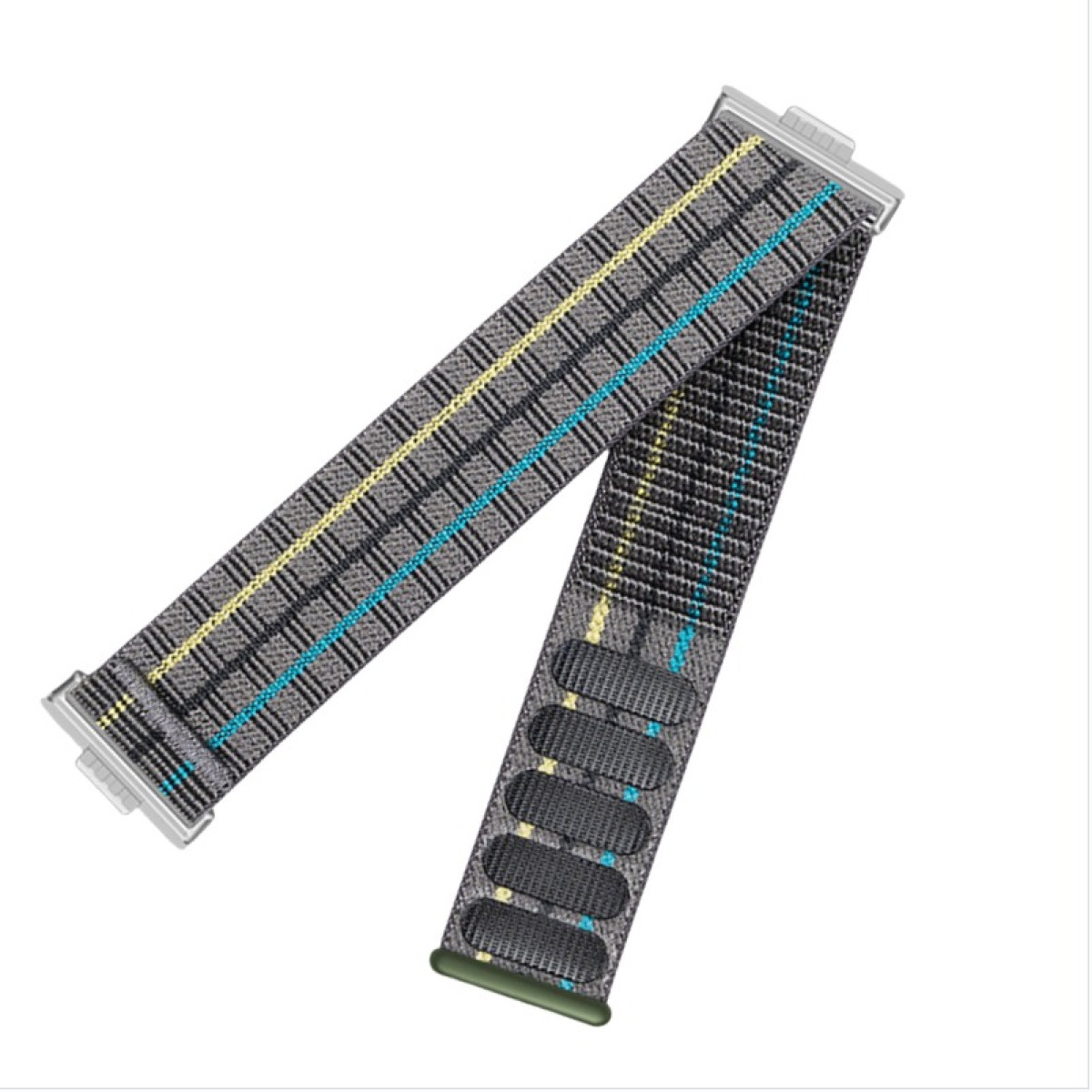 Ein Uhrenarmband mit grauem Karomuster, gelben und blauen Streifen. Die Enden sind silberfarben.