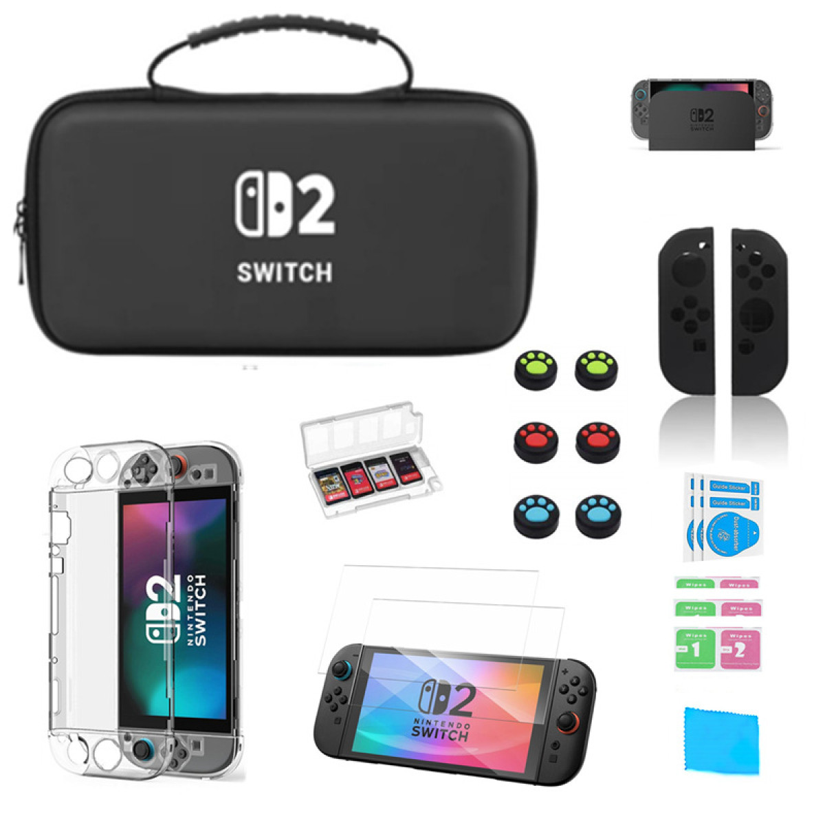 Una custodia nera con una Nintendo Switch e accessori.