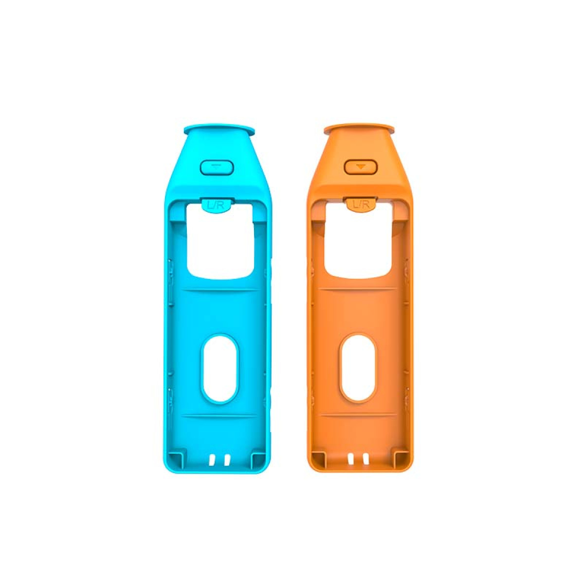 Two game controller shells in blue and orange, with slots for the device.