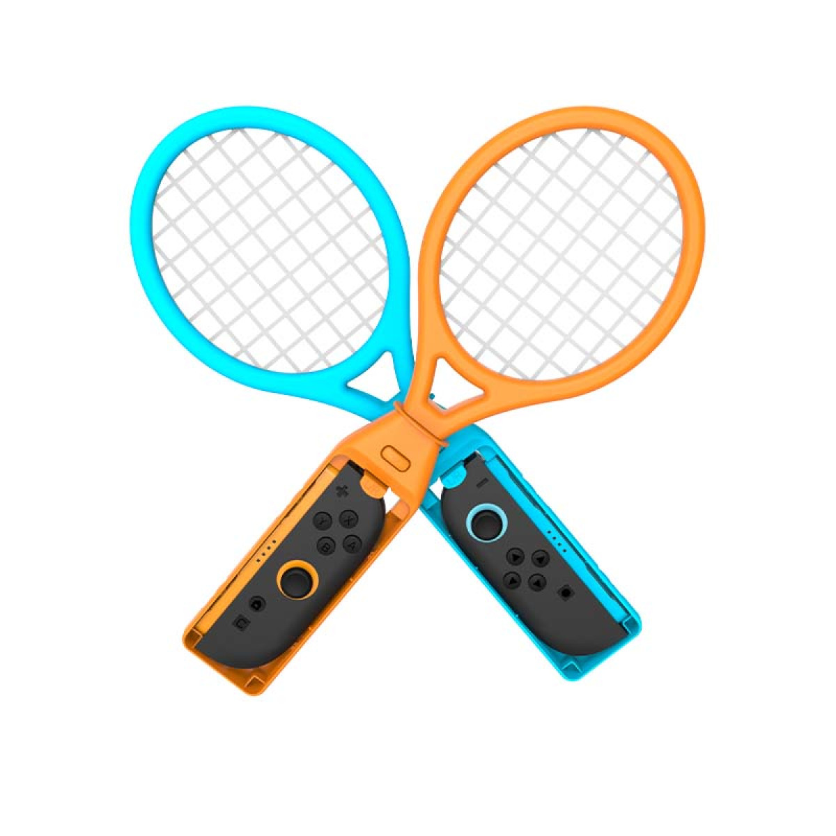 Two crossed joy-con controllers, one orange, one blue, with tennis racket attachments.