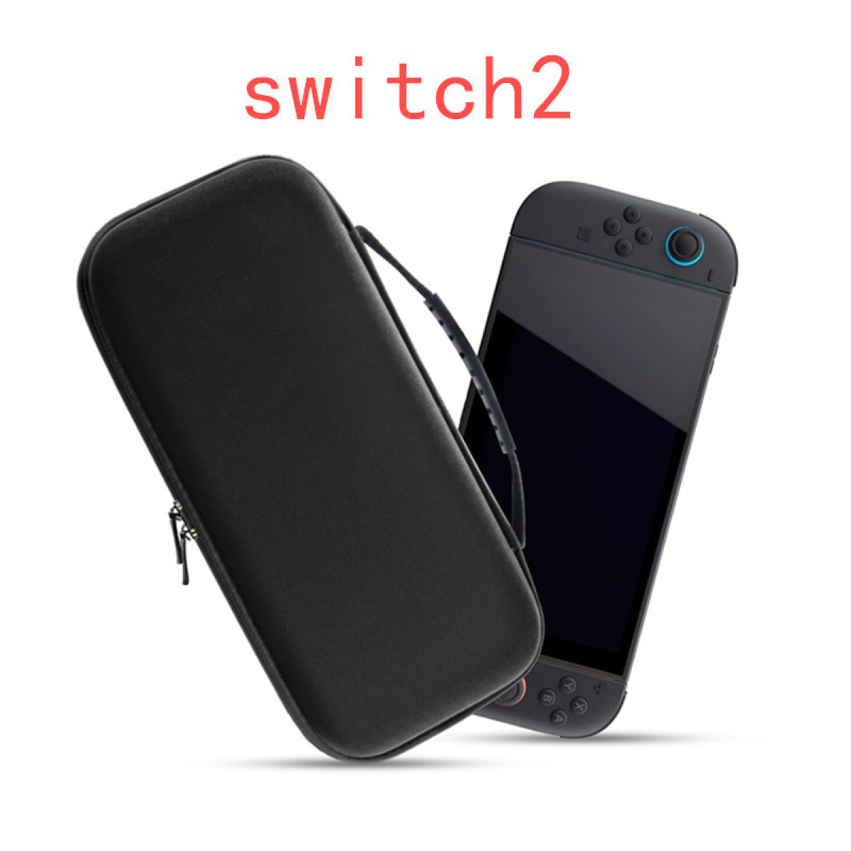 Custodia da trasporto nera e un Nintendo Switch, con la parola switch2 in alto.