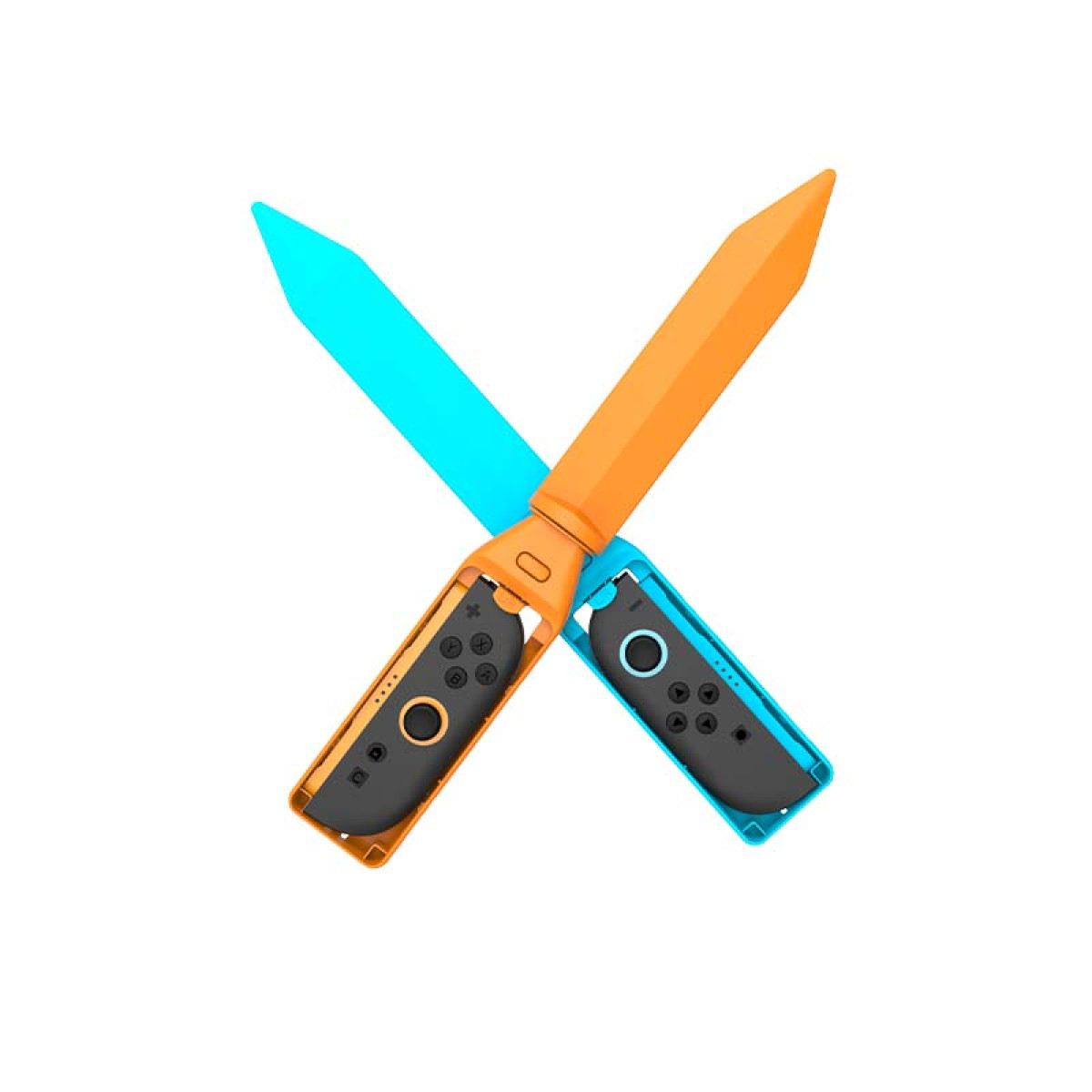 Two game controllers in orange and blue with cases, forming an X shape.