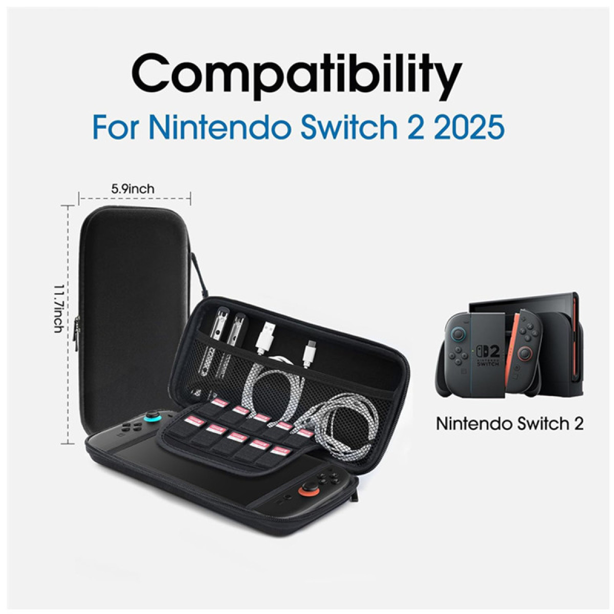 Custodia nera con Nintendo Switch, accessori e testo sulla compatibilità per il 2025.
