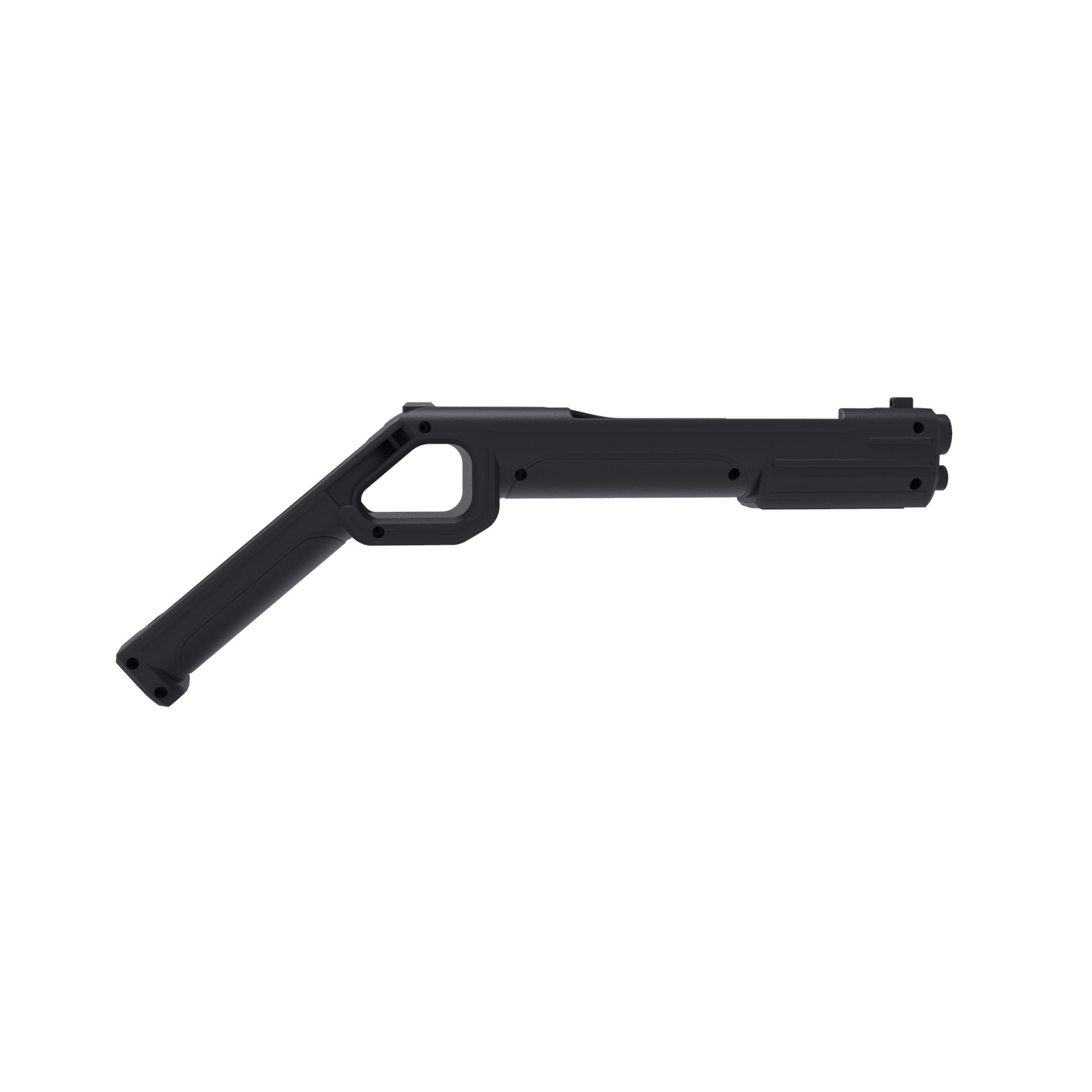 A black game controller shaped like a gun. White background.