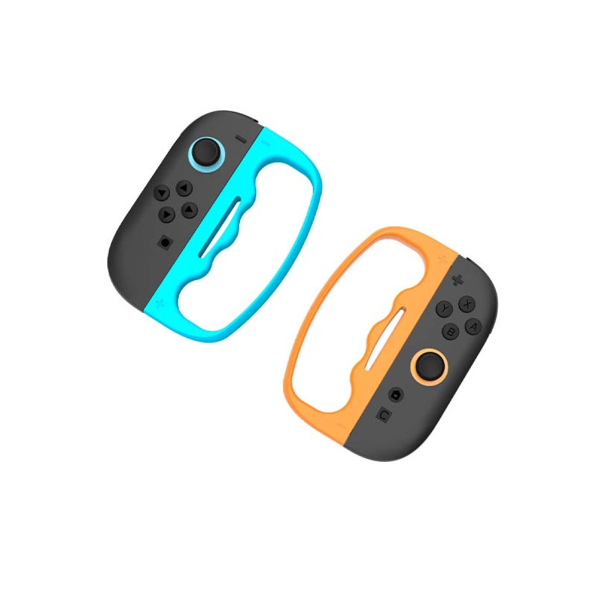 Two joy-con controllers with handles, one blue, one orange, on white background.