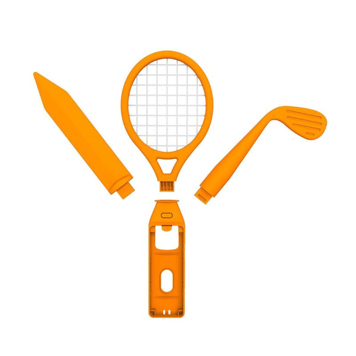 Orange Nintendo Switch accessory parts: golf club, tennis racket, and handle with a slot.