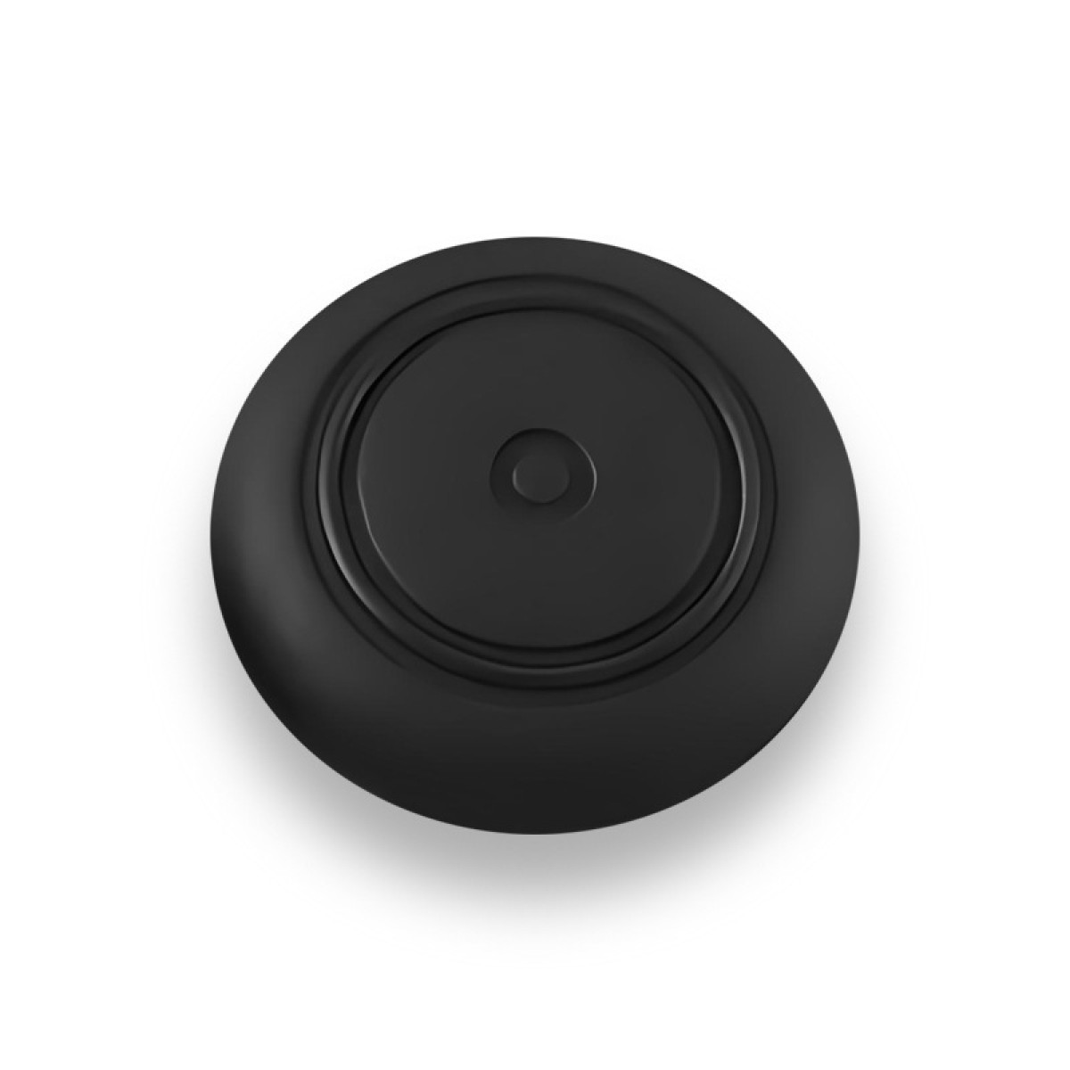 A black, round, button-shaped object with concentric circles on a white background.