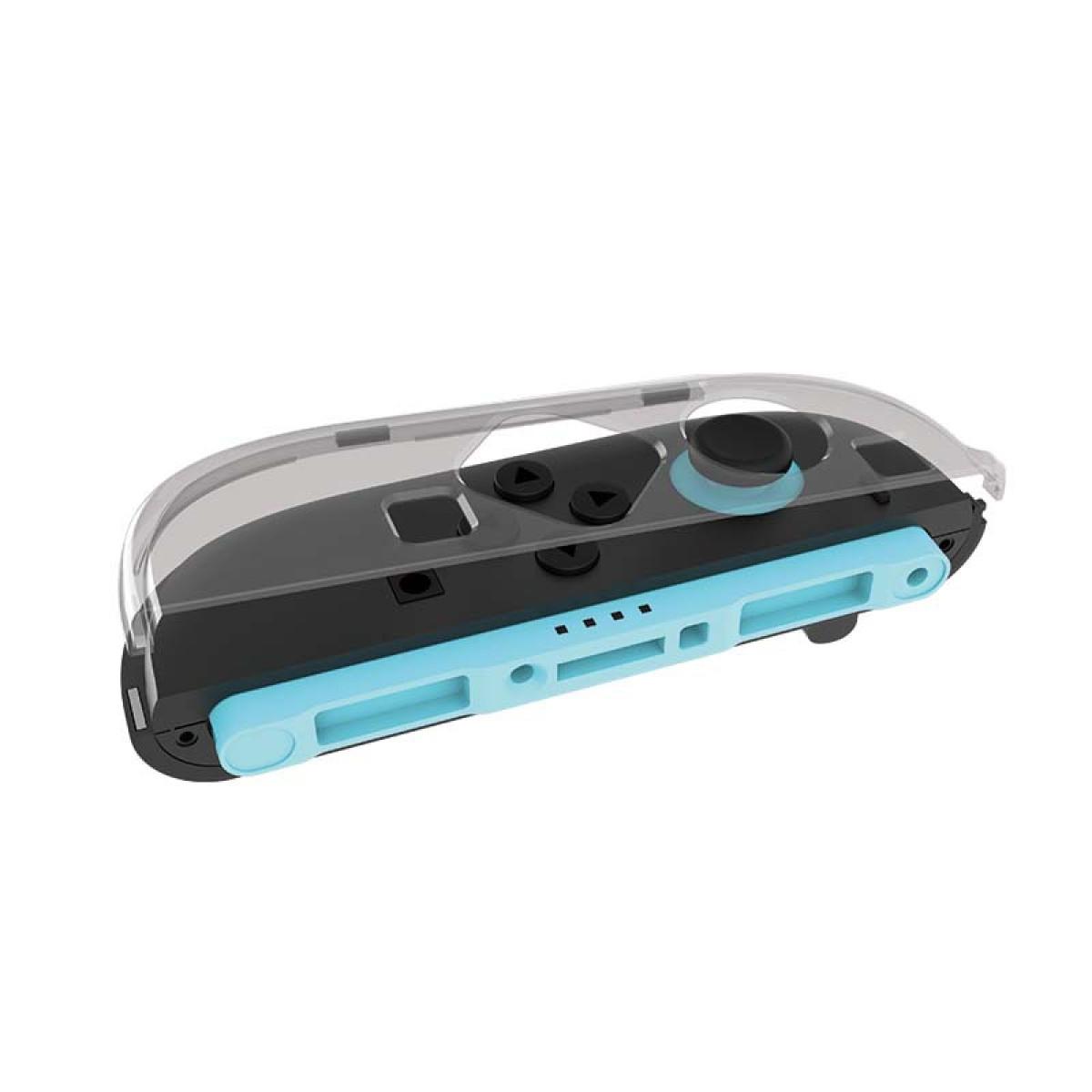A black and blue Nintendo Switch controller with a clear protective shell on a white background.