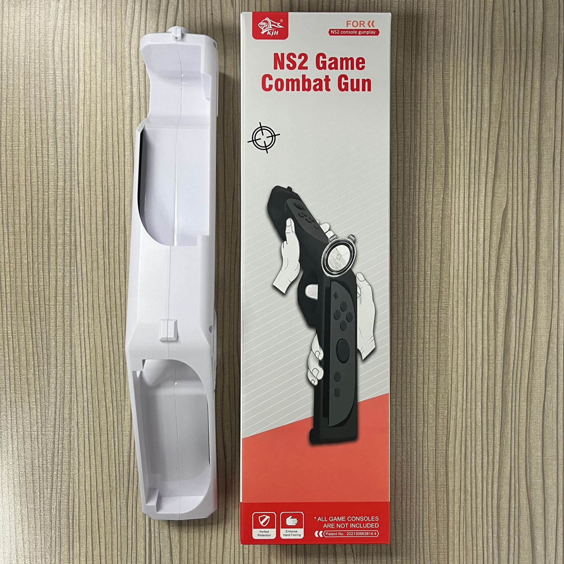 White game gun accessory and box. Box has gun image, text, and logo.