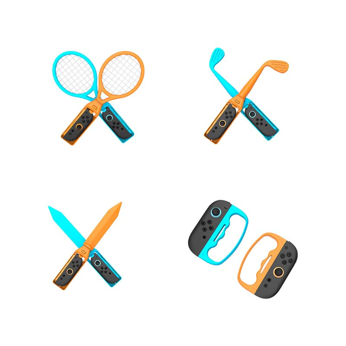 Four images of gaming controllers attached to toy sports equipment like a tennis racket.