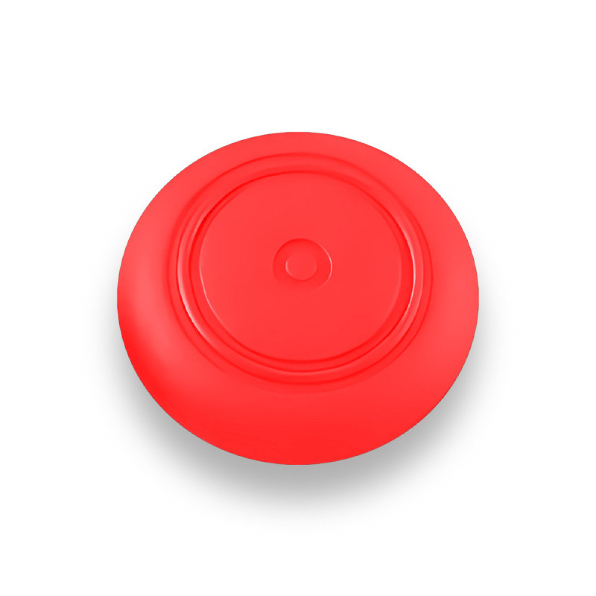 A red, circular object, possibly a button or cap, with concentric rings.