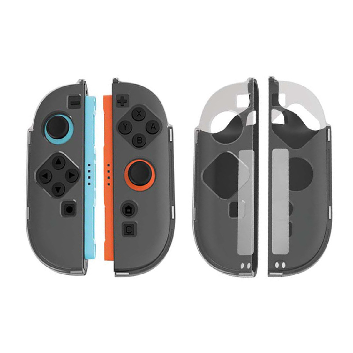 Two Nintendo Switch controllers, one blue and one orange, with clear protective shells beside them.
