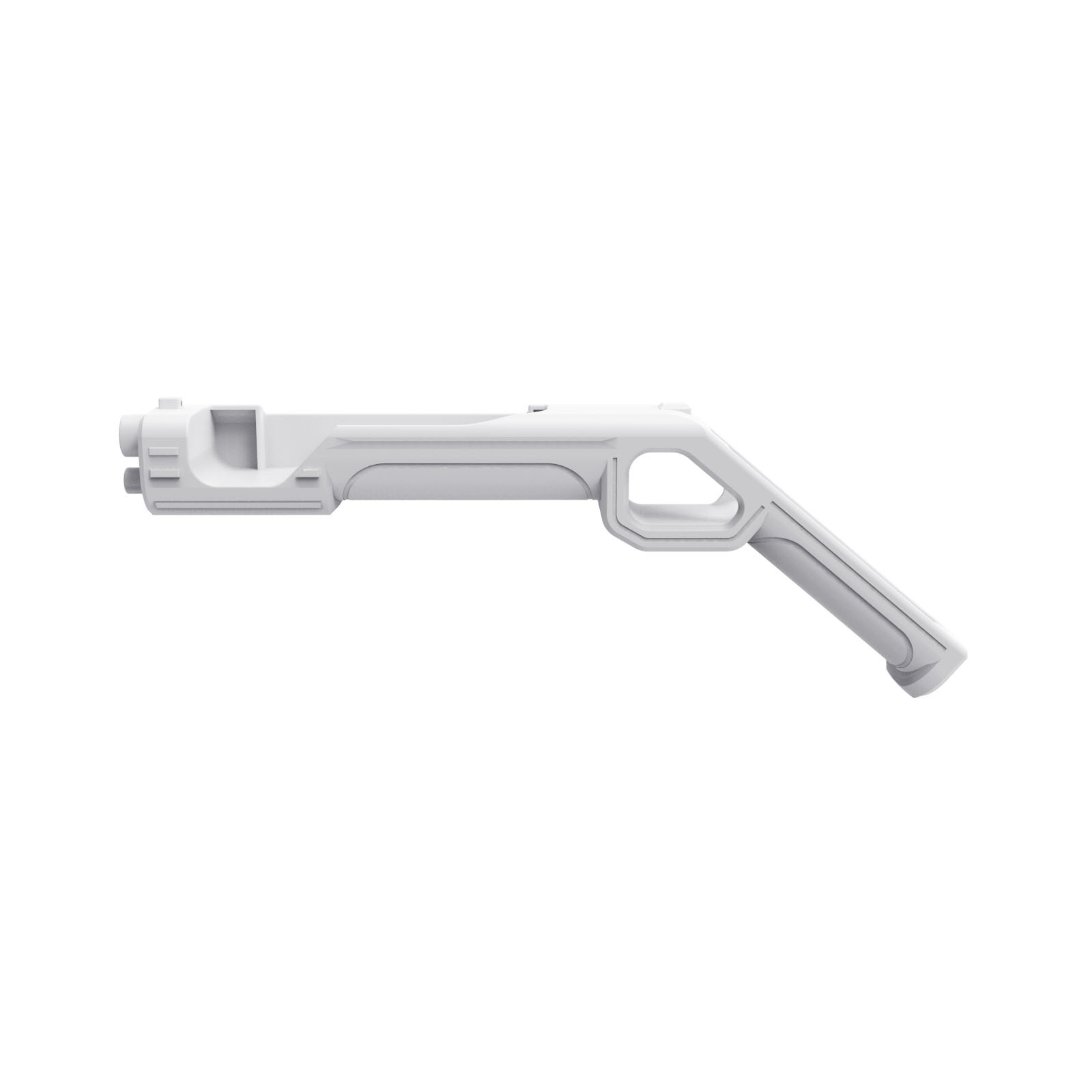 A white, light-gun-shaped accessory, designed for a gaming console. It is white and has a handle and sights.