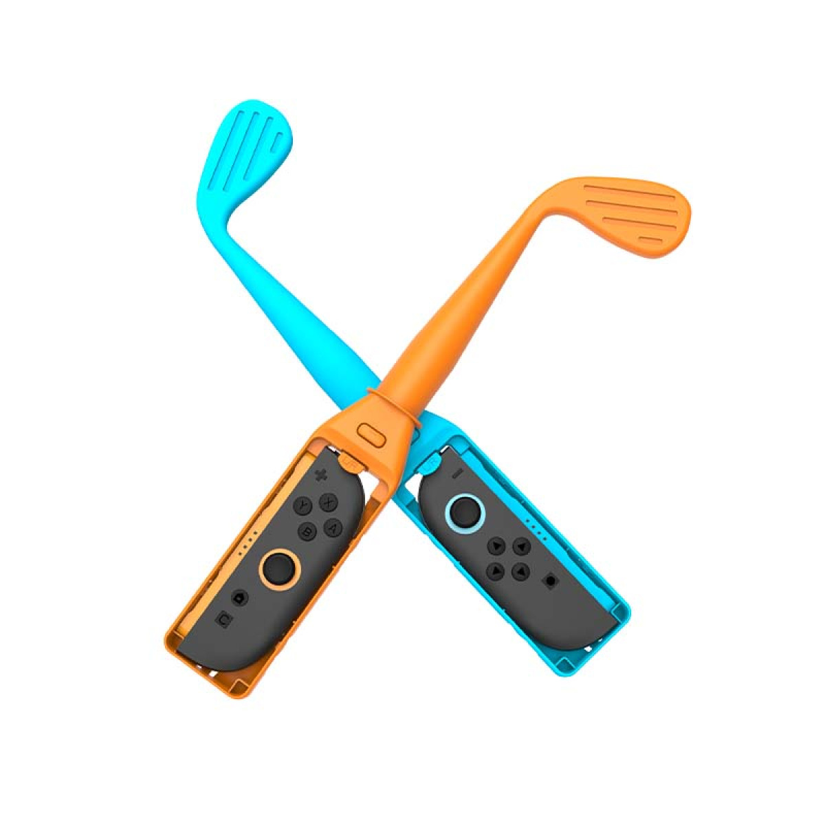 Two crossed joy-con controllers, one orange, one blue, with golf club attachments.