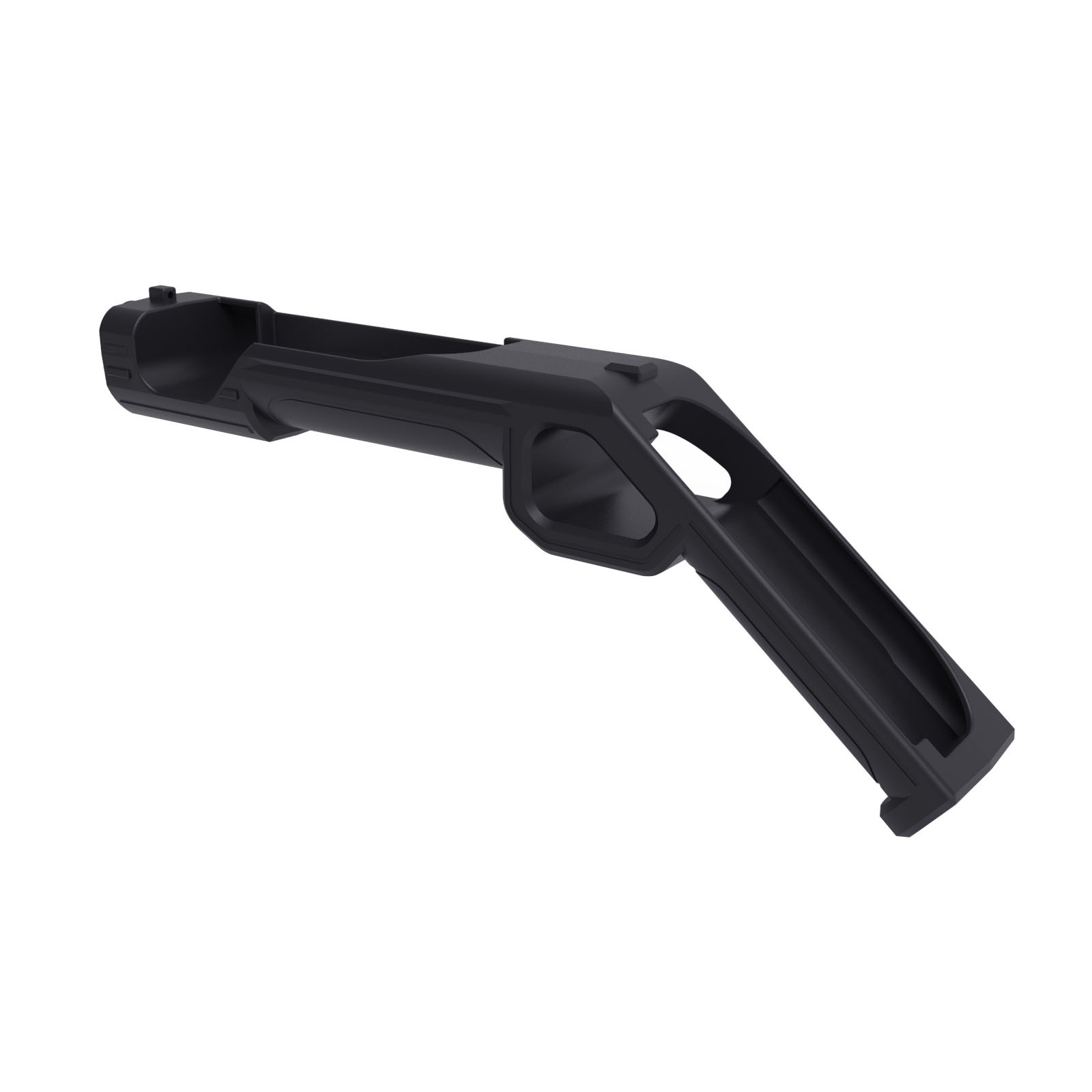 A black, gun-shaped accessory for a gaming controller, positioned on a white background.