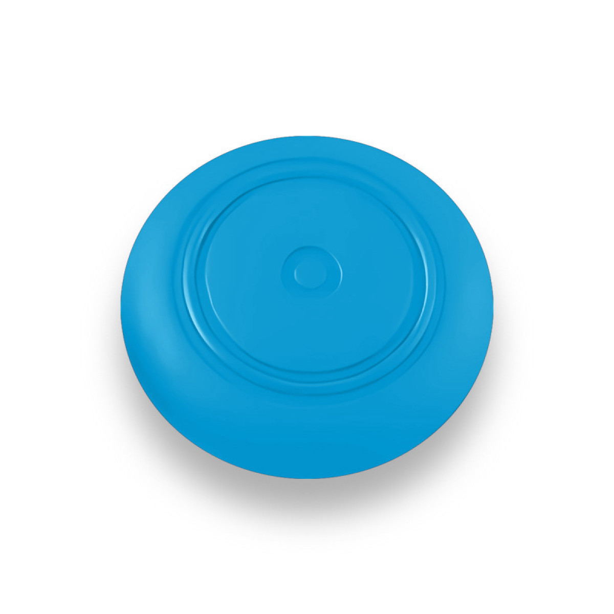 A blue, round, button-shaped object with concentric circles on a white background.