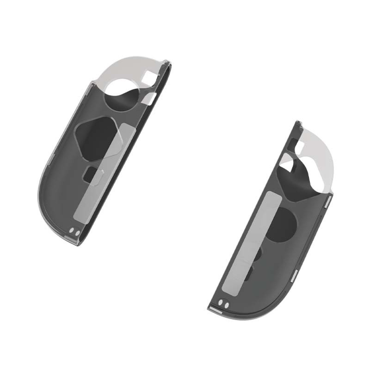 Two gray joy-con controller shells. One with clear plastic.