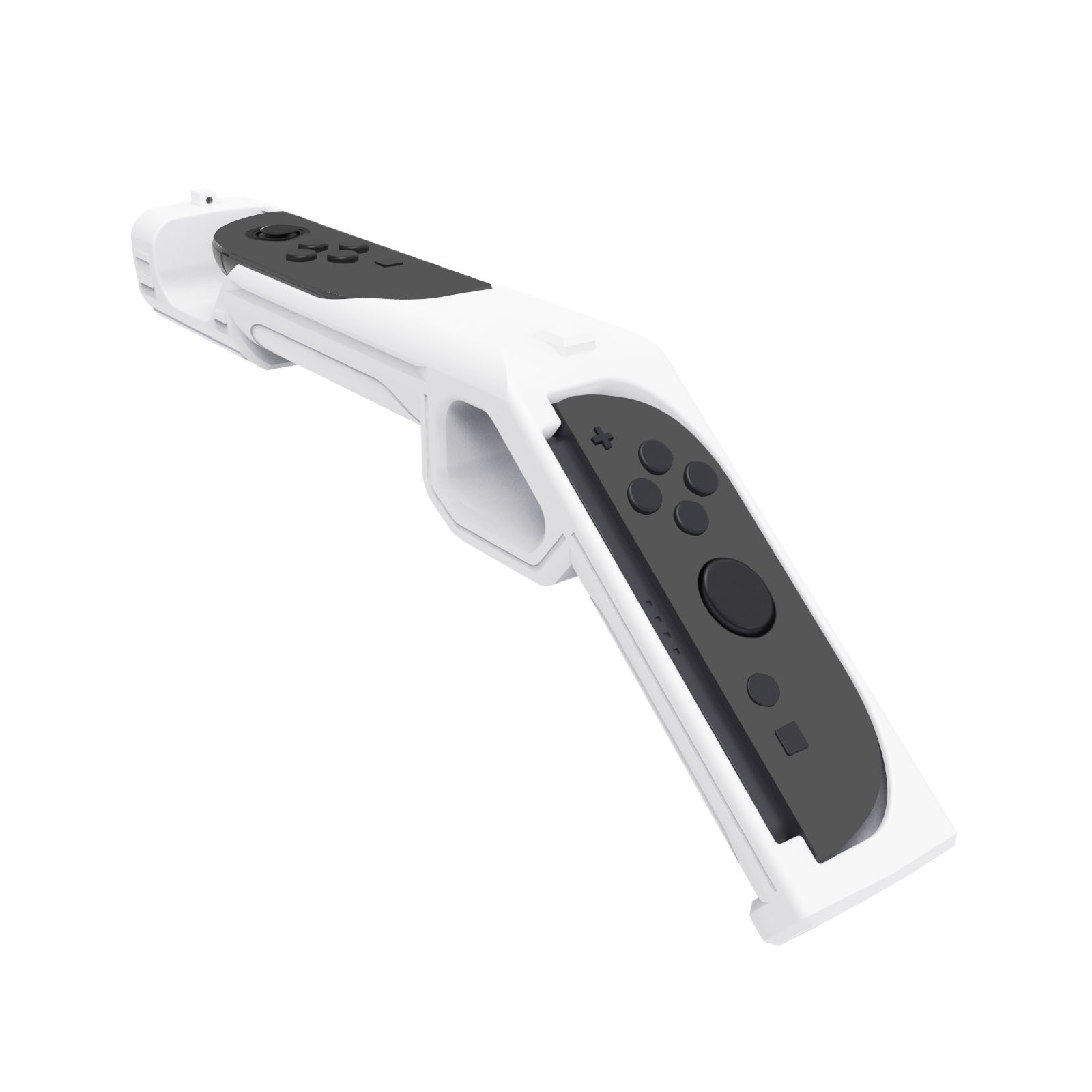 A white gaming controller accessory in the shape of a gun with a controller inside.