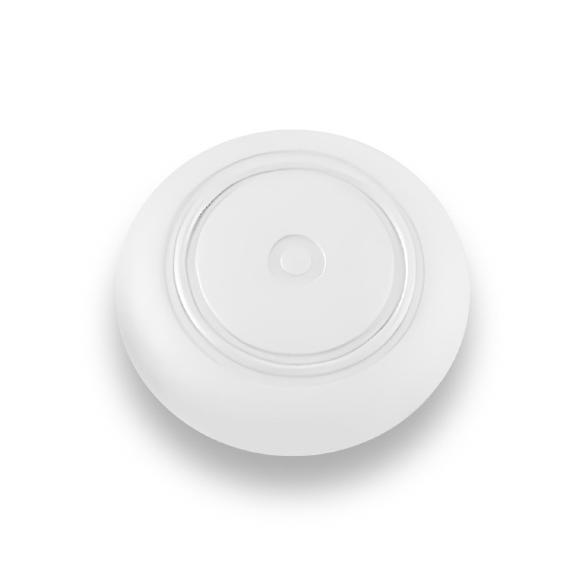 A white, circular component with a central raised circle, possibly a part of a device or accessory.