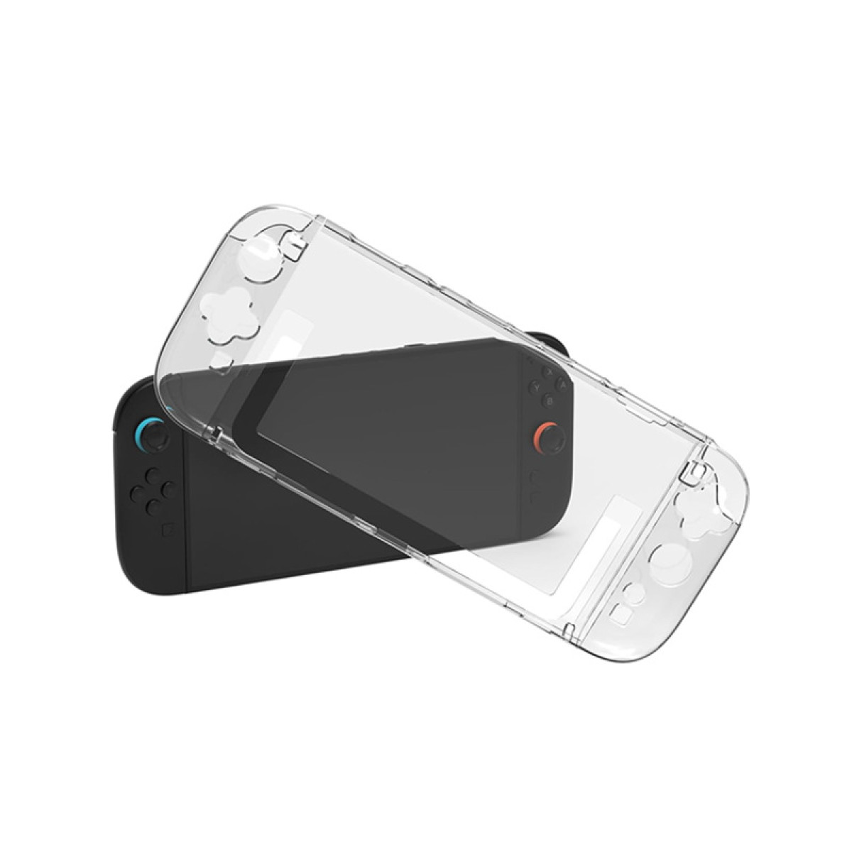 Una Nintendo Switch con una custodia trasparente sopra, su sfondo bianco.