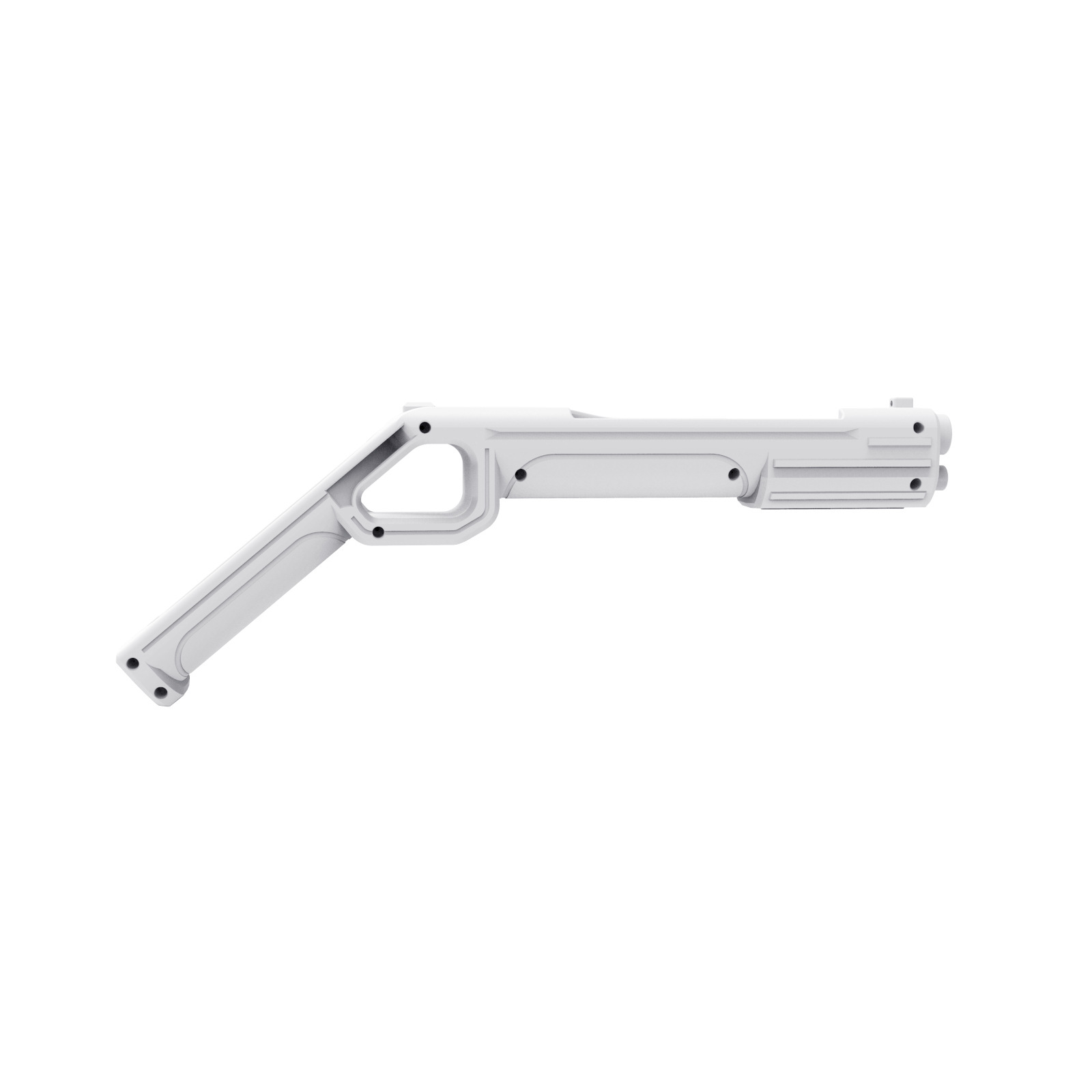 A white, gun-shaped accessory for a gaming controller, positioned on a white background.
